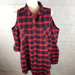 NWT Jodifl Flannel Cold Shoulder Flannel Top Sz L
